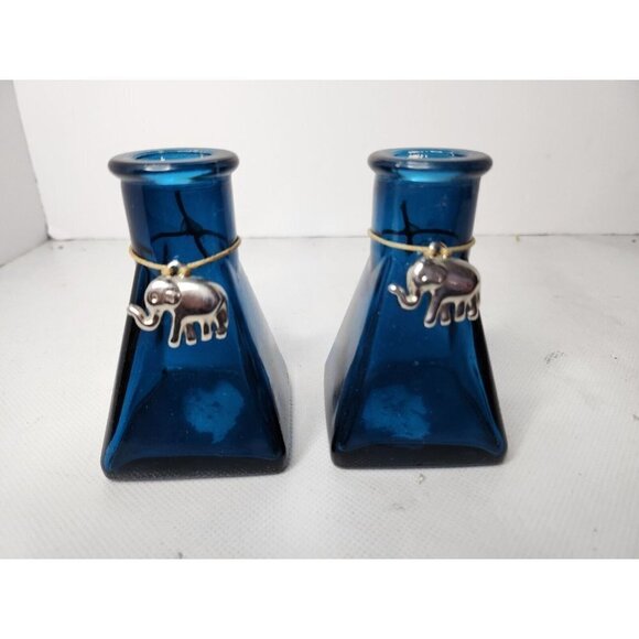 𝅺VINTAGE Blue Cobalt Glass Miniature Vase Elephant Charm Set Of Two Decorative - Picture 1 of 6